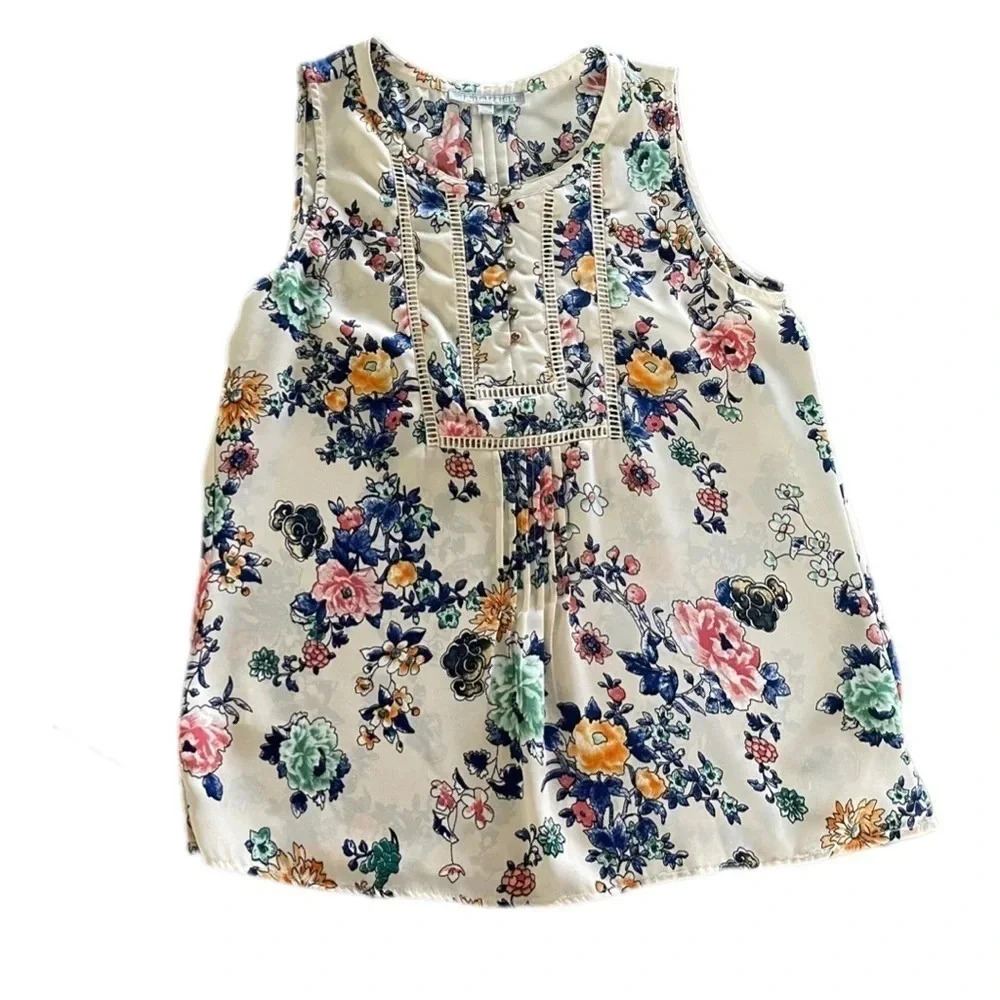 Daniel Rainn Cream Floral Sleeveless Blouse Women’s Petite Medium - Picture 3 of 8